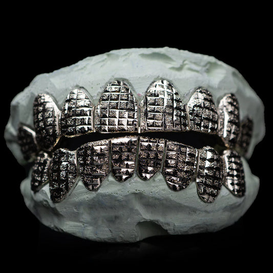 SOLID .925 STERLING SILVER PRINCESS SQUARE DIAMOND CUT WITH DIAMOND DUST GRILLZ
